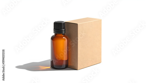 Amber glass bottle with black cap standing near a blank cardboard box mockup for essential oils or cosmetics in a studio setting