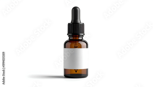 Amber glass bottle with black dropper for essential oils or serum blank label minimal design clean beauty product isolated shot against white background