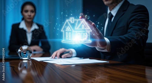 Real estate business investment analyzing property value with digital technology and financial documents for successful transactions