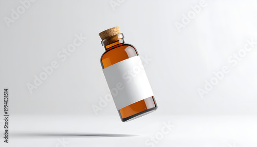 Amber glass bottle with blank label and cork stopper floating in modern studio setting; minimalist design for cosmetic or pharmaceutical product
