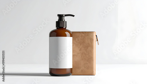 Amber glass bottle with blank label beside a tan leather cosmetic bag on a clean white surface for product mockups and minimalist designs