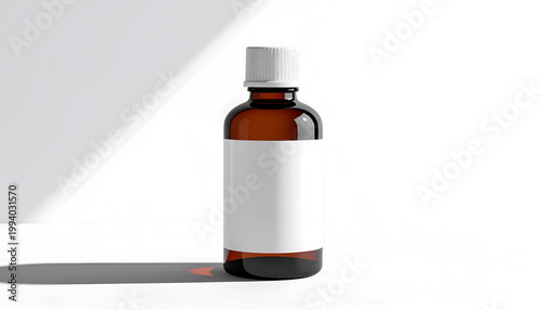 Amber glass bottle with blank label for medicine essential oil serum against white backdrop offering versatile mockup for product presentation