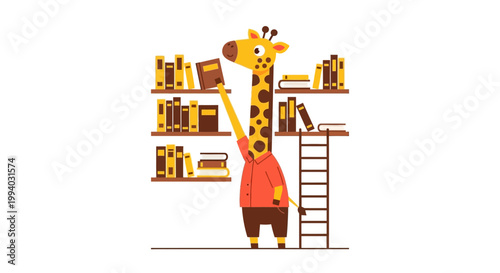 A cartoon giraffe in an apron reaches for books on shelves with a ladder nearby indoors.
