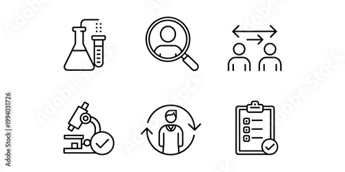 Set of six black outline representing science research and human resources laboratory flask test tube in white background
