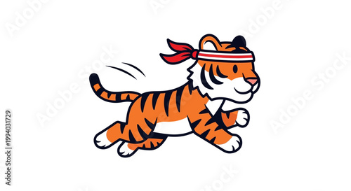 A cartoon tiger wearing a headband is running quickly outdoors
