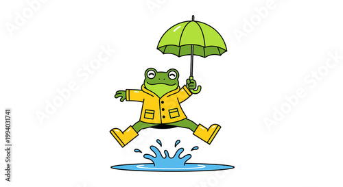 A cartoon frog wearing a yellow raincoat and boots jumps in a puddle with a green umbrella on a rainy day outdoors.