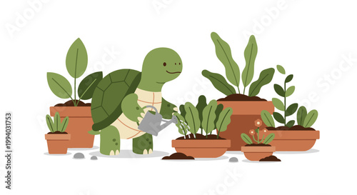 Turtle watering plants in pots on a sunny day outdoors happily