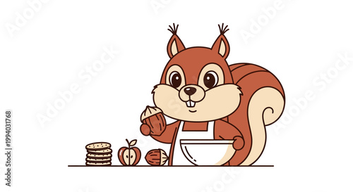 A cartoon squirrel baking pancakes with apples in the kitchen indoors