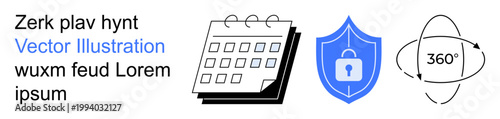Digital security, scheduling, online interaction, data protection, navigation, cyber management. Calendar, shield lock and 360-degree icon. Digital security and scheduling concept