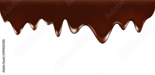 Realistic Glossy Melted Chocolate Dripping Downward with Smooth Flowing Liquid Texture, Rich Highlights, and Decadent Reflective Surface on Clean White Background