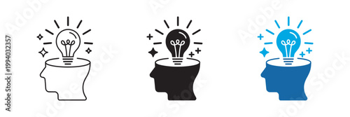 Creative idea icon set, human head with glowing light bulb, innovation intelligence problem solving bright spark ideas, web app icons vector
