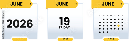 19 June 2026 Date Calendar Illustration Minimal Yellow Planner Icon Event Reminder Daily Schedule Time Concept Organizer Productivity Clean Design Modern Template Appointment Planning Tool