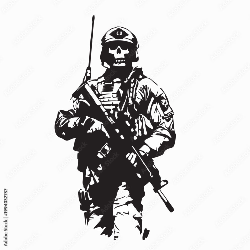 Obraz premium Elite Tactical Army Soldier with Skull Mask and Weapons Silhouette Vector Illustration”