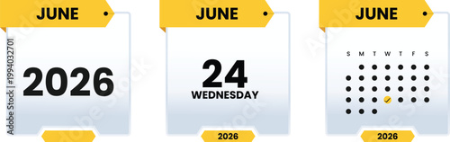 24 June 2026 Date Calendar Illustration Minimal Yellow Planner Icon Event Reminder Daily Schedule Time Concept Organizer Productivity Clean Design Modern Template Appointment Planning Tool
