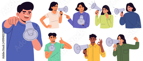 Flat illustration set of diverse people speaking through megaphones, expressing opinions, making announcements,  promoting message, communication, marketing, public speaking, social media influence