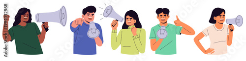 Flat illustration set of diverse people speaking through megaphones, expressing opinions, making announcements,  promoting message, communication, marketing, public speaking, social media influence