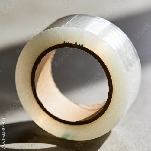 Roll of clear adhesive packaging tape on a stone surface with sunlight and shadow