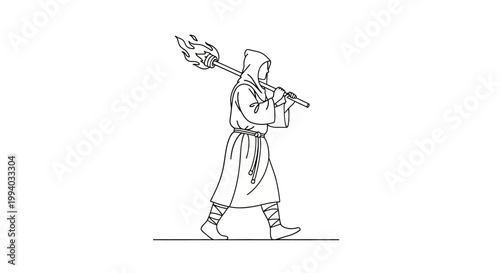 Monk in a hooded robe carrying a staff walking forward.