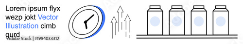 Business efficiency, productivity, workflow, time tracking, growth measurement, industrial packaging. A clock, upward arrows and containers in a row. Time management and business efficiency concepts