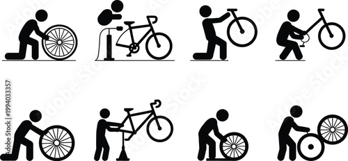 An illustrated guide to bicycle maintenance and repair techniques featuring various essential tasks for bike enthusiasts and riders, vector illustration showing tools, tire repair, chain cleaning