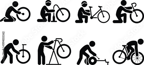 An illustrated guide to bicycle maintenance and repair techniques featuring various essential tasks for bike enthusiasts and riders, vector illustration showing tools, tire repair, chain cleaning