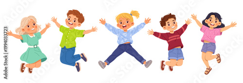 Cute cartoon vector illustration set of happy diverse kids jumping with raised hands
