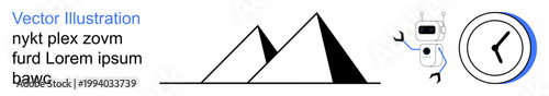 Technology, automation, time management, innovation, AI, future concepts. Minimalist black-and-white pyramid symbols, a robotic figure and a clock. Technology and time management highlight links