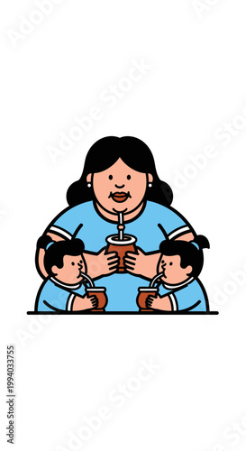 Mother and Children Enjoying Traditional South American Mate Drink.