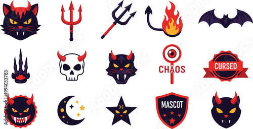 Dark Devil Cat Horror Icons Set with Chaos Cursed Symbols