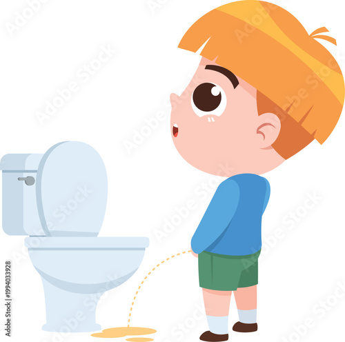 Little Boy Urinating Outside Toilet Cartoon Illustration Kids Bathroom Hygiene Mistake Concept