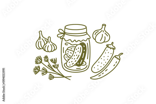 Canned cucumbers jar with garlic and herbs line art illustration set.