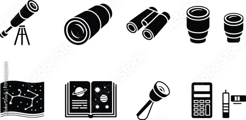 Collection of astronomical instruments and tools including telescopes, star maps, and calculators for stargazing and exploring the universe, vector illustration ideal for education, science,