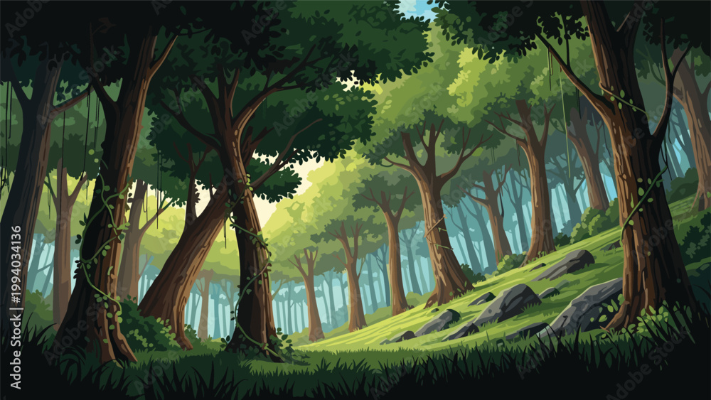 Obraz premium Enchanting pixel art forest landscape with towering trees, sun-dappled paths, lush green grass, and winding vines.