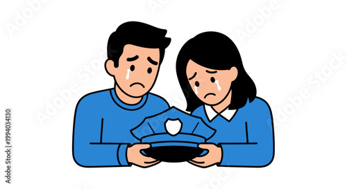 Mourning Couple Holding Police Hat, Expressing Grief and Sadness.