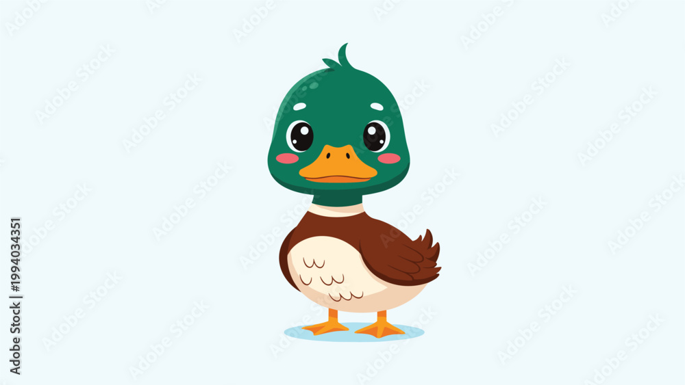 Obraz premium Cute cartoon duckling with big eyes and a green head, presenting an adorable avian character.