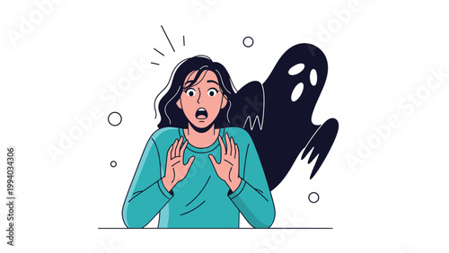 Terrified woman recoiling in fear from a menacing shadow ghost, illustrating a chilling supernatural encounter.