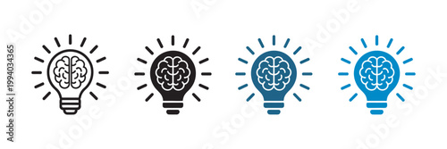 Creative lightbulb brain icon set, brain light bulb symbols, brainstorming creative thinking innovation smart ideas outline and colored styles vector
