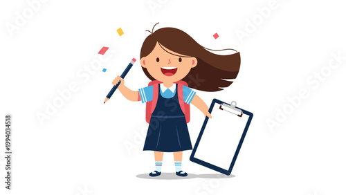 Happy schoolgirl with a backpack, holding a pencil and clipboard, celebrating her achievements and eagerness to learn.