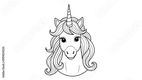 Beautiful unicorn head with flowing mane and a magical horn, presented as an intricate outline for coloring.