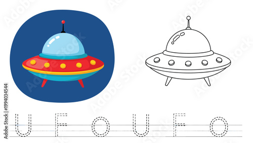 Alphabet letter U with a cute UFO, presented in both color and outline for educational tracing and coloring.