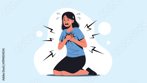 Woman clutching her chest with visible pain and lightning bolts, depicting a medical emergency or severe anxiety attack.