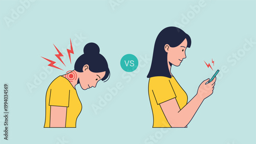 Comparison of bad and good posture while using a smartphone, emphasizing ergonomic habits for neck and spine health.
