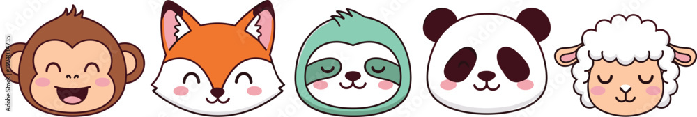 Fototapeta premium Cute Animal Face Icon Set with Monkey Fox Sloth Panda and Sheep Cartoon Avatars for Kids Apps, Emoji Design, Nursery Graphics, and Flat Vector Illustration