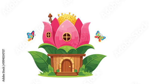 Whimsical cartoon illustration of a magical fairy house crafted from a vibrant pink lotus flower, surrounded by fluttering butterflies, creating a charming fantasy scene.