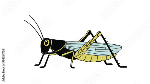 Brightly colored cartoon illustration of a vibrant grasshopper with a black body, yellow legs, and translucent blue wings, depicted in a friendly and approachable style.