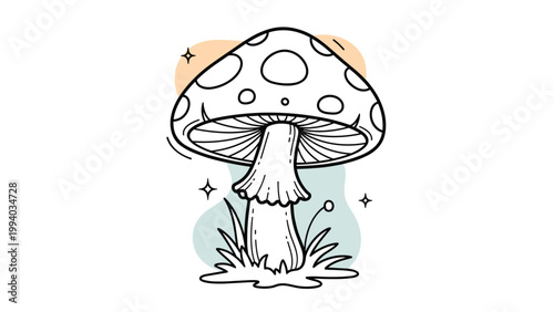 Minimalist line art illustration featuring a spotted toadstool mushroom, surrounded by subtle abstract organic shapes and sparkling elements, evoking a whimsical nature theme.