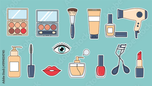Collection of fashionable cartoon makeup and beauty product stickers, including eyeshadow palettes, brushes, lipstick, mascara, perfume, and nail polish, against a blue background.
