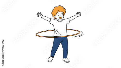 Joyful cartoon illustration of a young boy with curly orange hair enthusiastically playing with a hula hoop, demonstrating active and playful childhood fun.