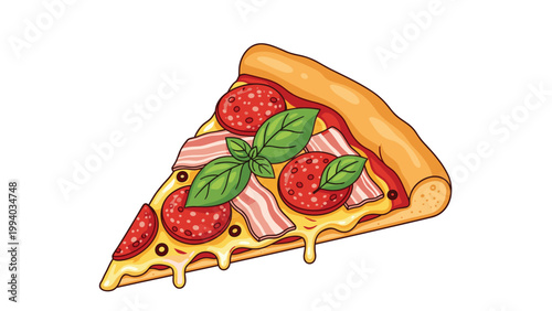 Delicious cartoon illustration of a single slice of appetizing pizza, richly topped with pepperoni, bacon, olives, and fresh basil leaves, with gooey melted cheese.