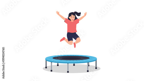 Energetic cartoon illustration of a cheerful young girl with dark hair joyfully bouncing high on a blue trampoline, depicting active play and recreation.